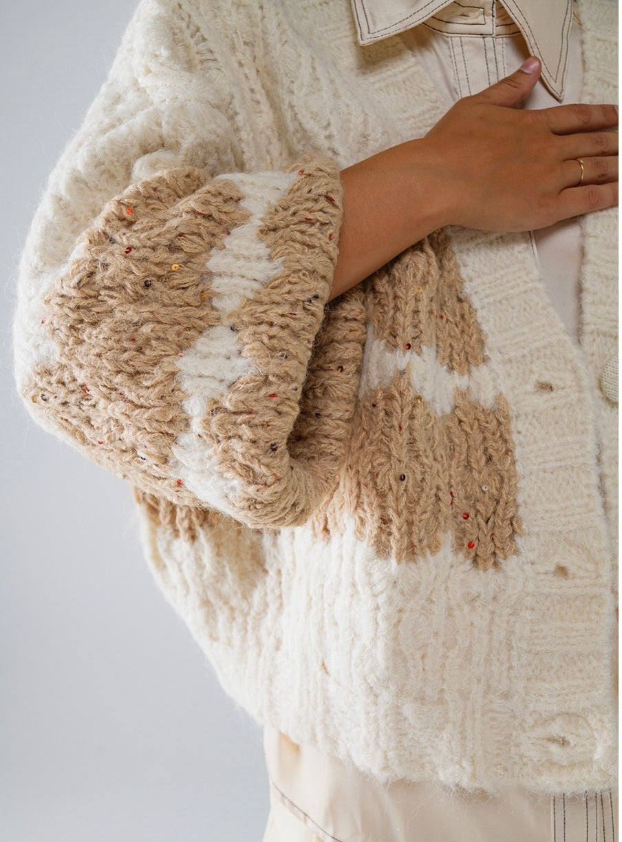 Chunky Knit Striped Cardigan With Sequin Details in Cream
