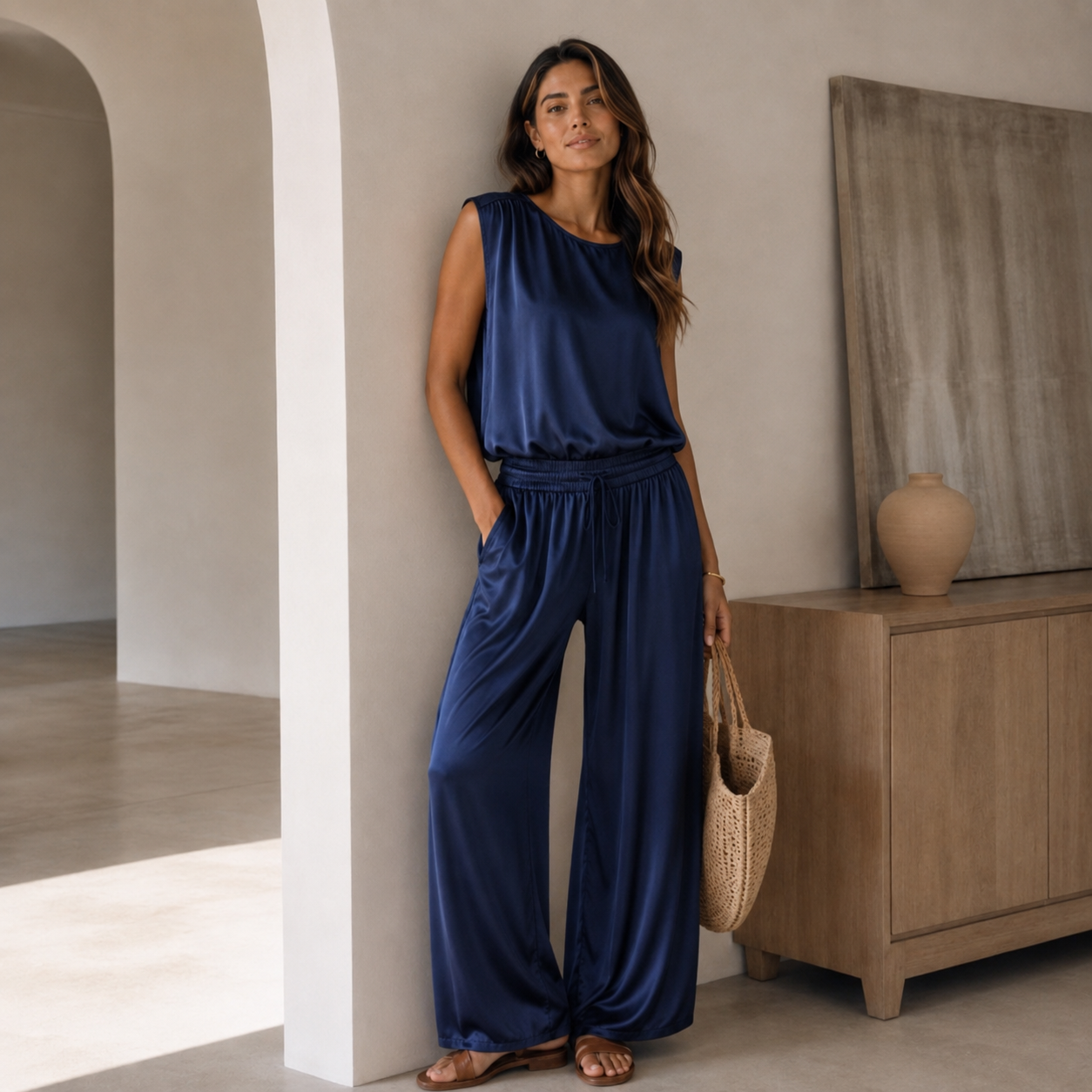 Italian Navy Satin Elegance Two-Piece Set