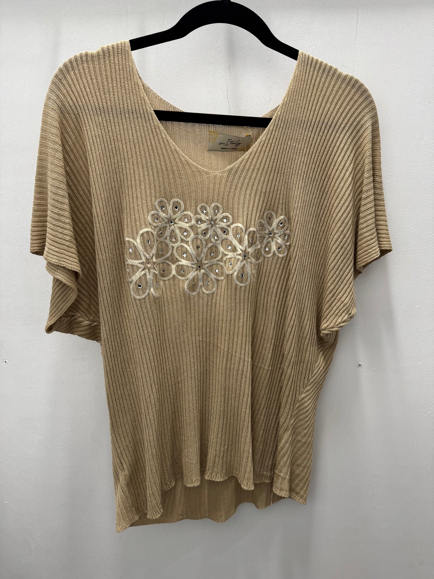 Italian Beige Ribbed Blouse with Floral Embroidery and Beaded Details