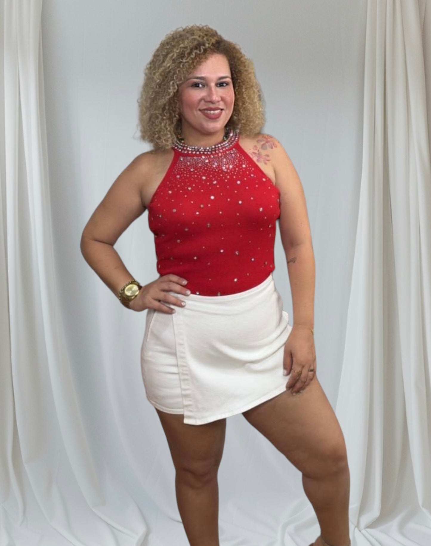 Red blouse with rhinestones