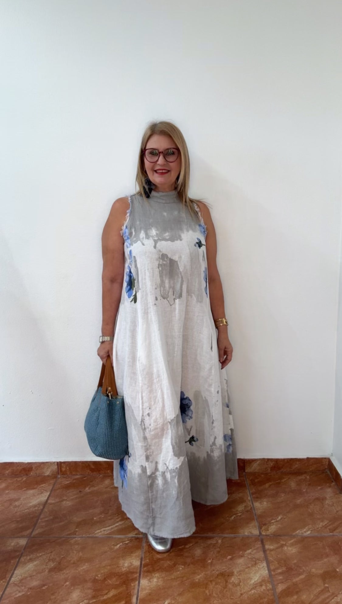 Italian Linen Flowers Dress White