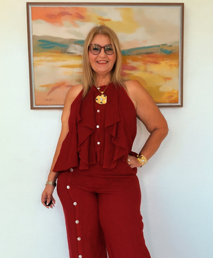 Italian Linen Palazzo with Buttons Red