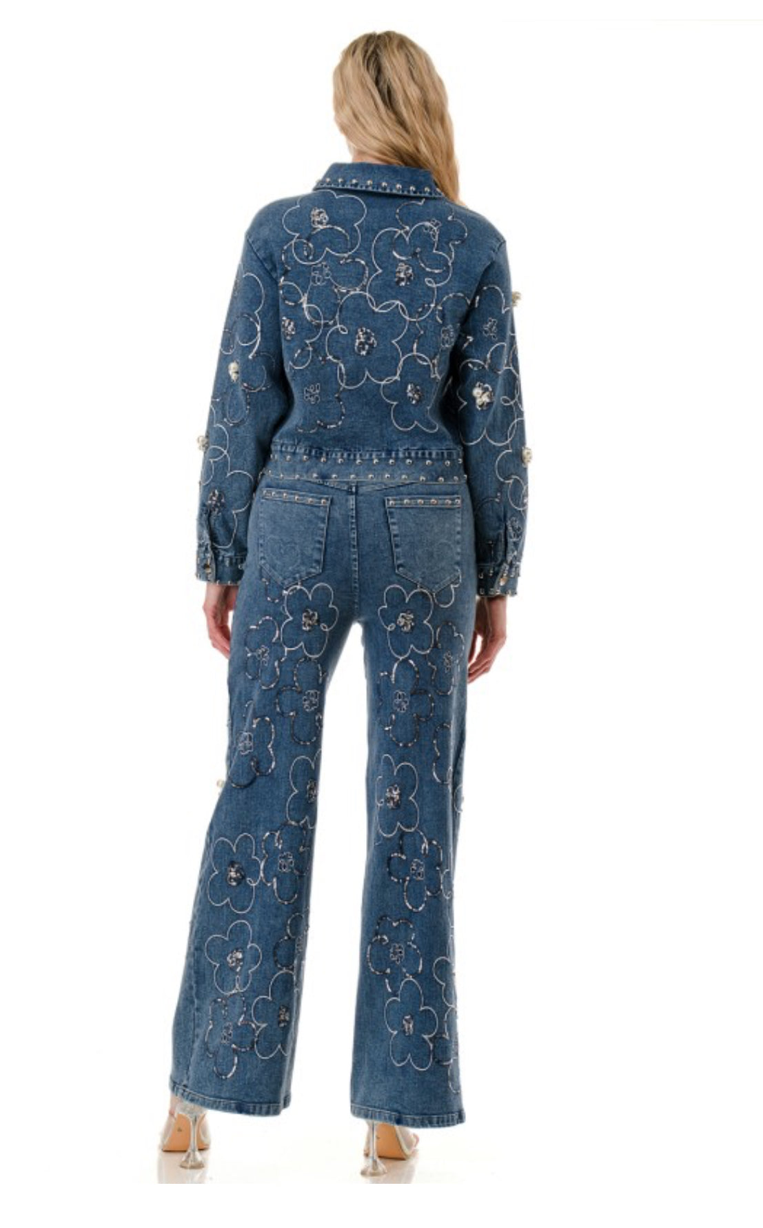 Flower Pearl & Stud Denim Jacket and Pants Set