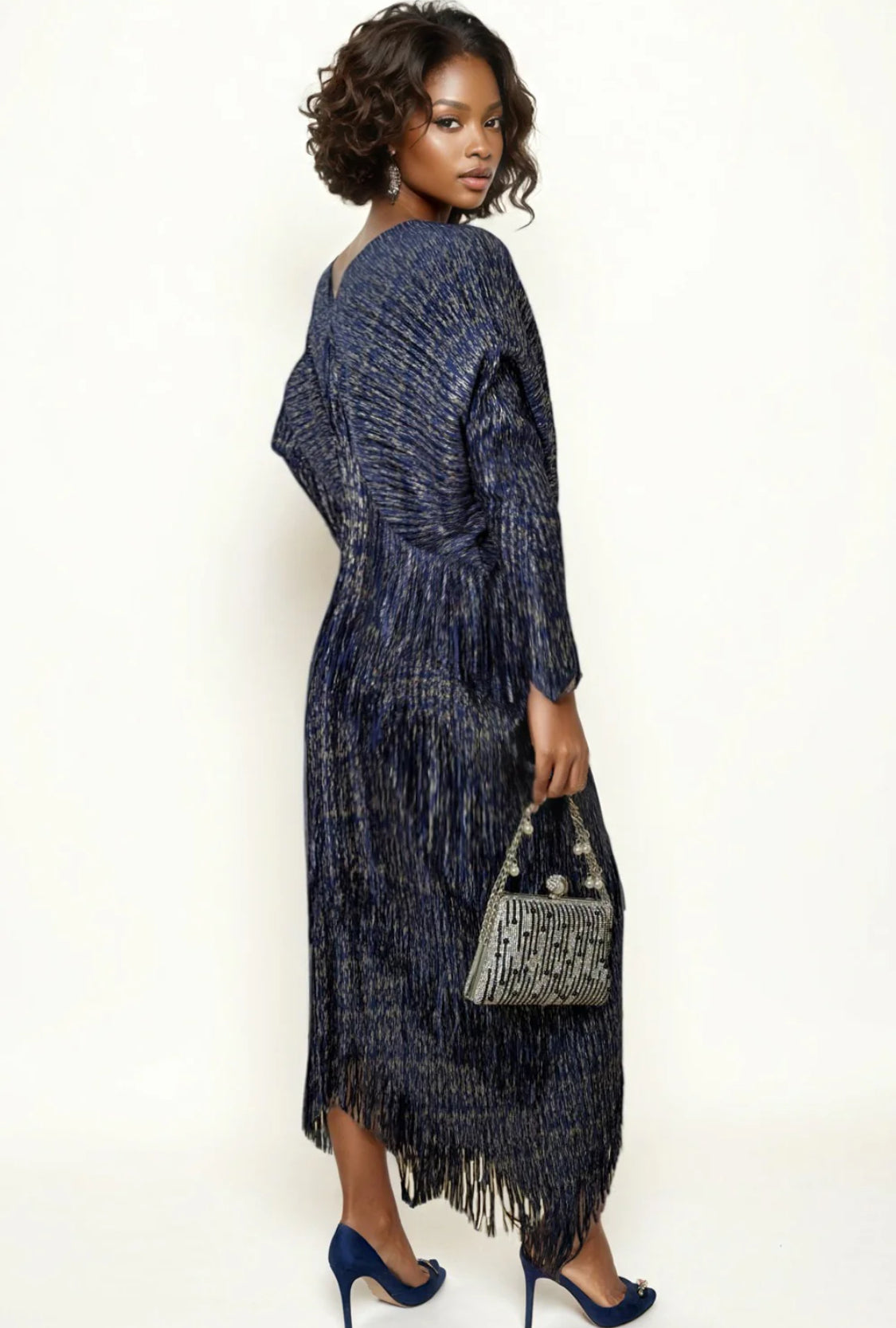 Fringe V Neck Dress Blue