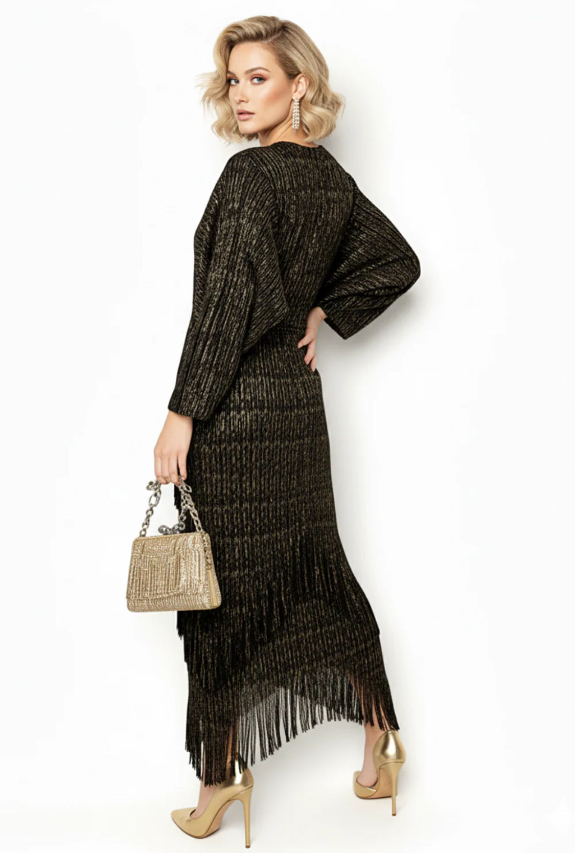 Fringe V Neck Dress Black