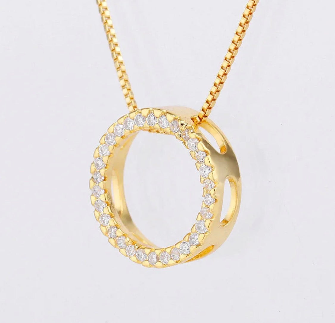 Gold Copper Box Chain Inlay Round Zircon Pendant Necklace