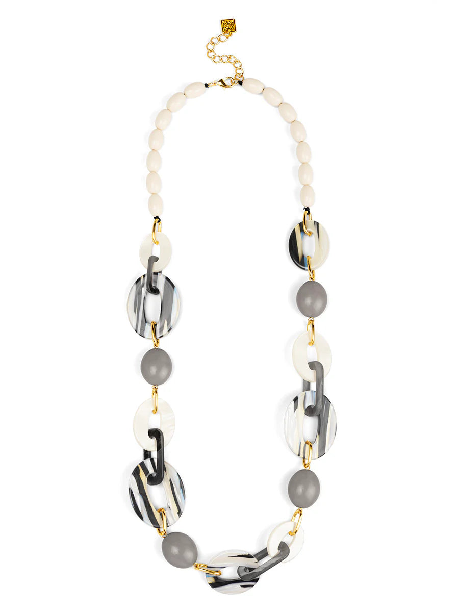 Glittering Resin Disc & Link Long Necklace Jewelry in White