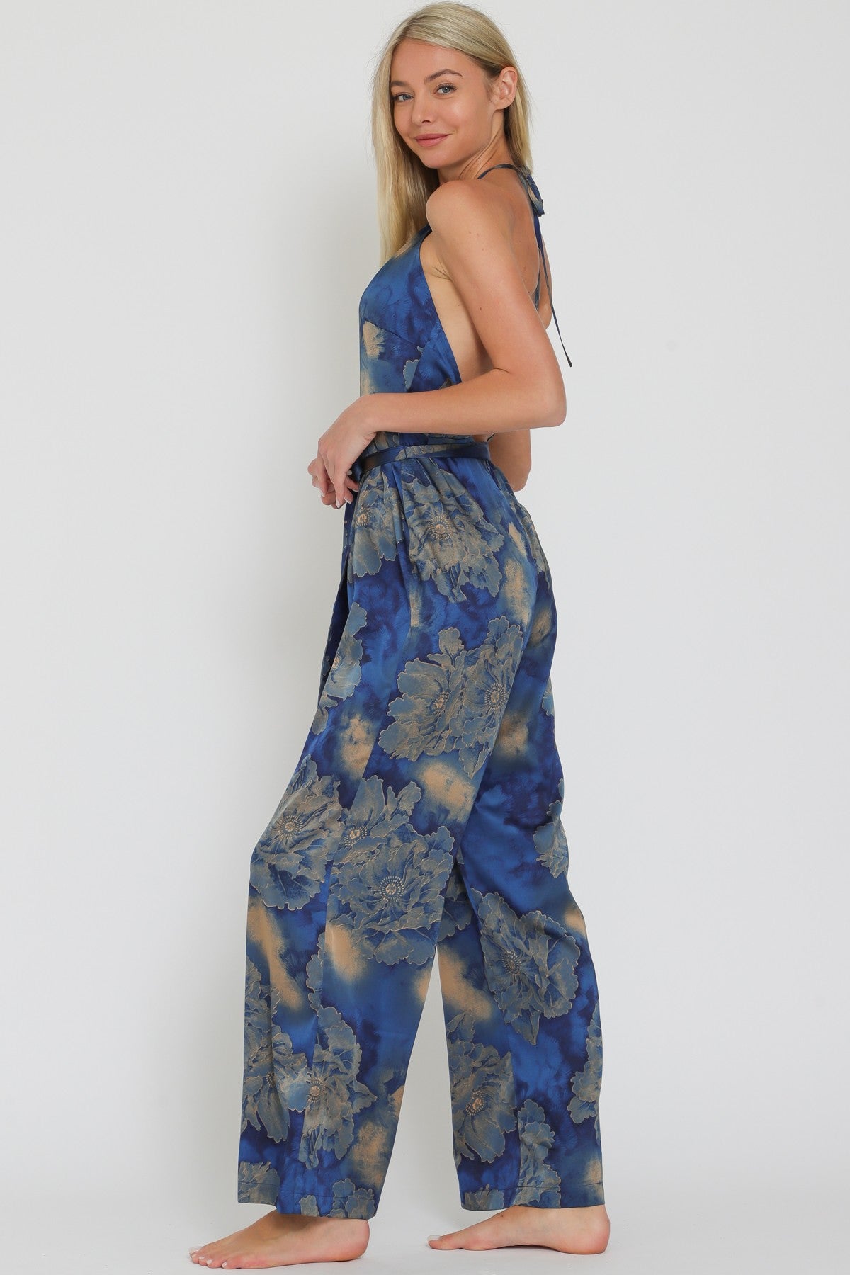 Halter Backless Belted Jumpsuit