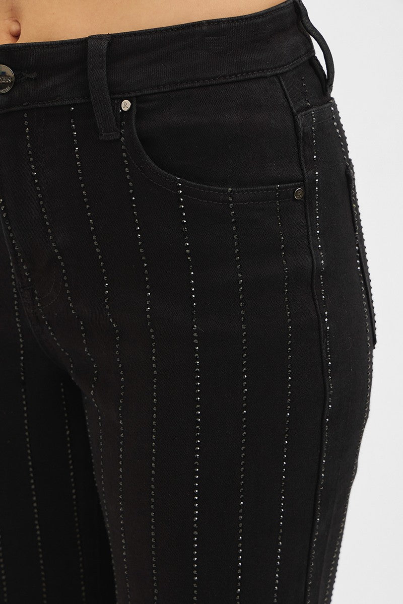 High Rise Crop Wide Rhinestone Pants in Black