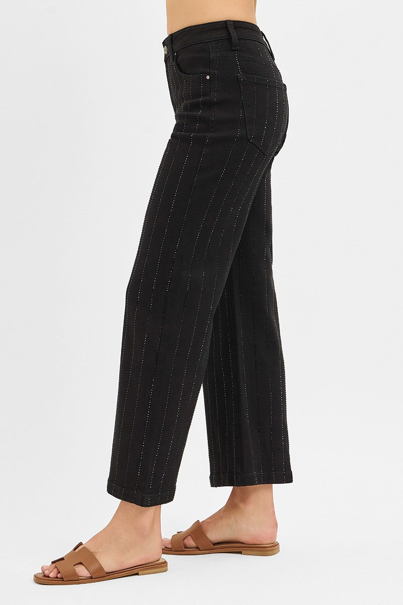 High Rise Crop Wide Rhinestone Pants in Black