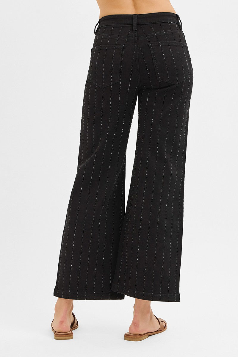 High Rise Crop Wide Rhinestone Pants in Black