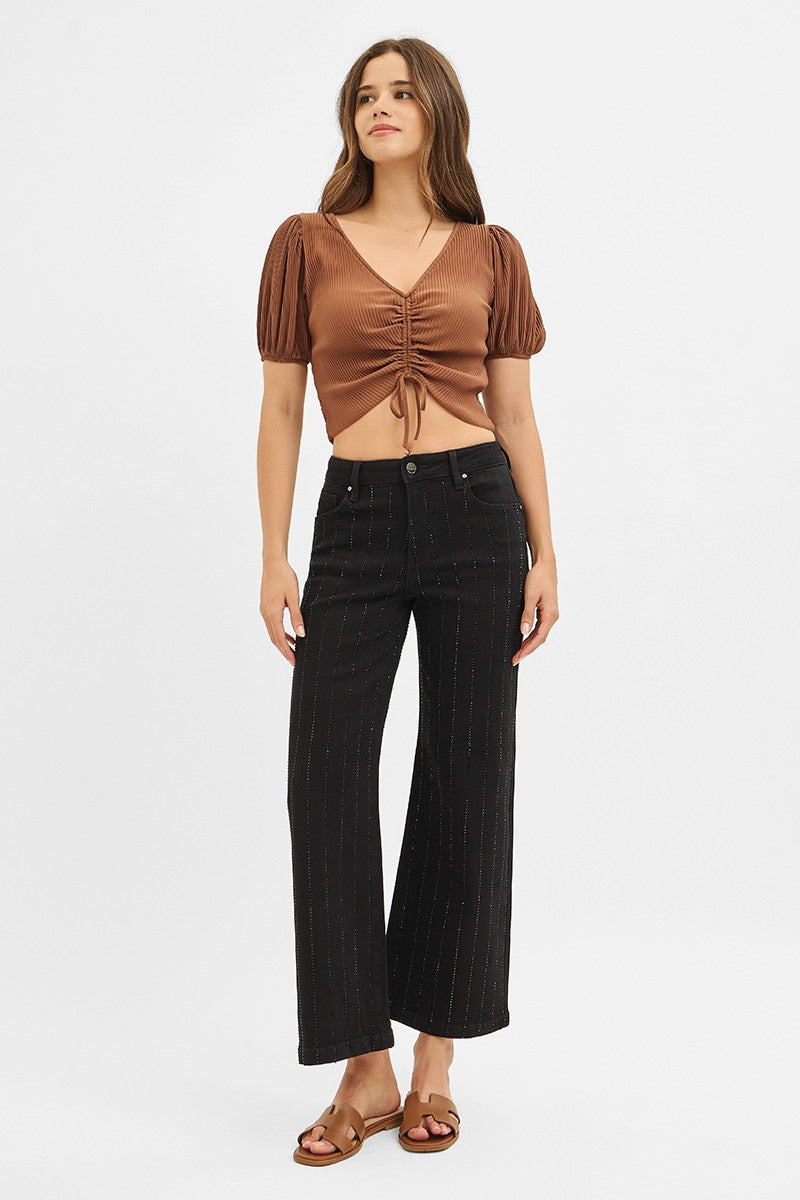 High Rise Crop Wide Rhinestone Pants in Black