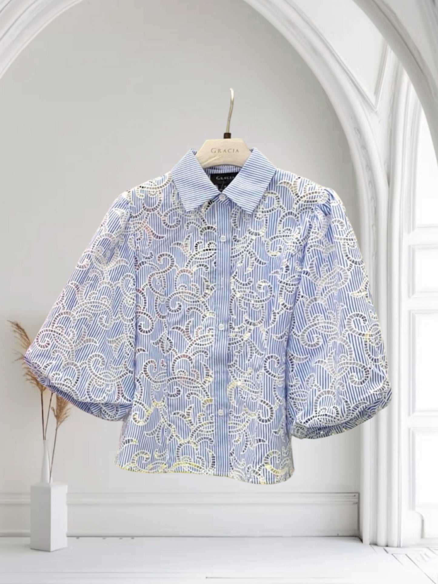 Gracia blue blouse with stripes and embroidery