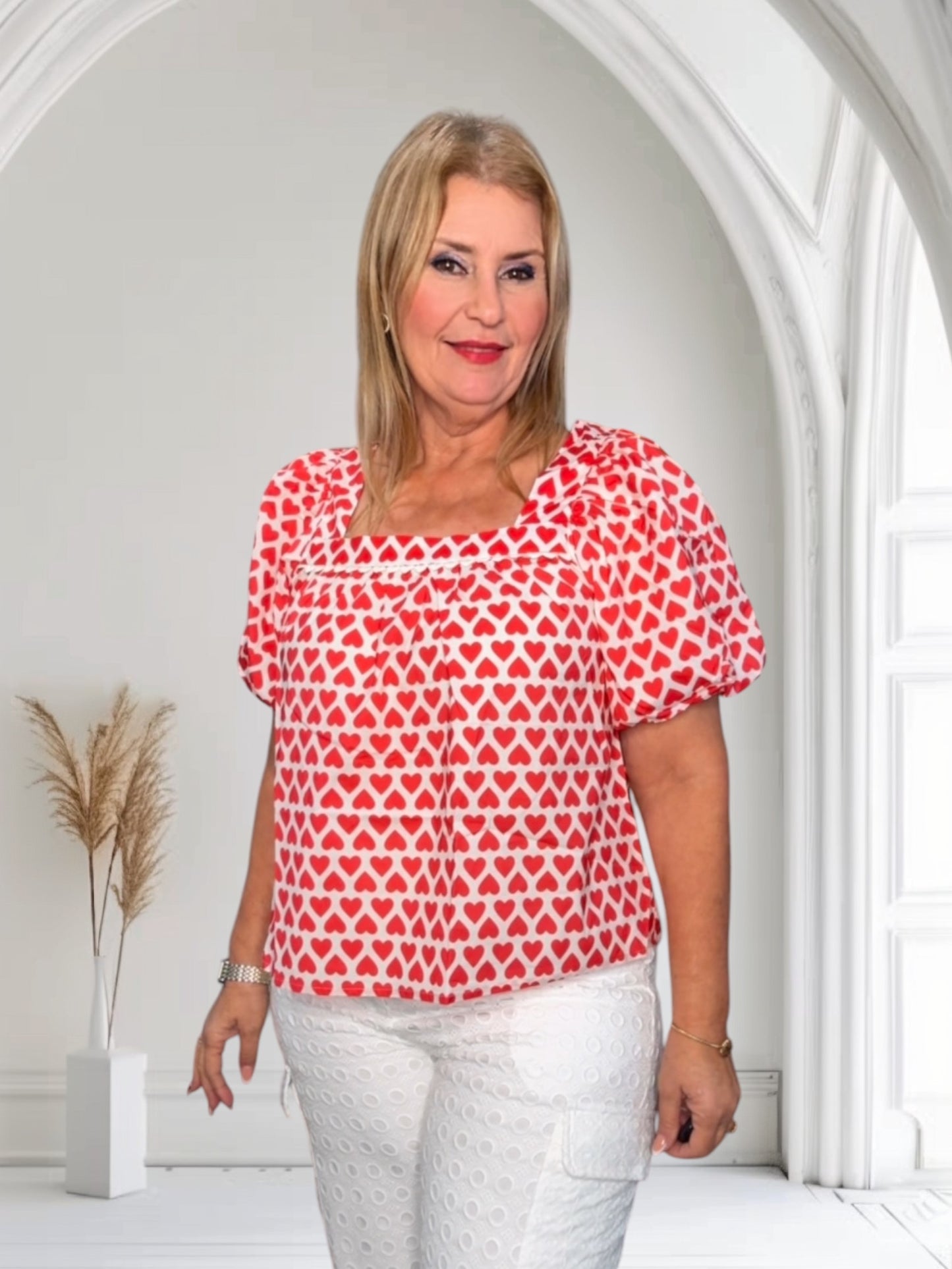 Short Puff Sleeve Heart Printed Top
