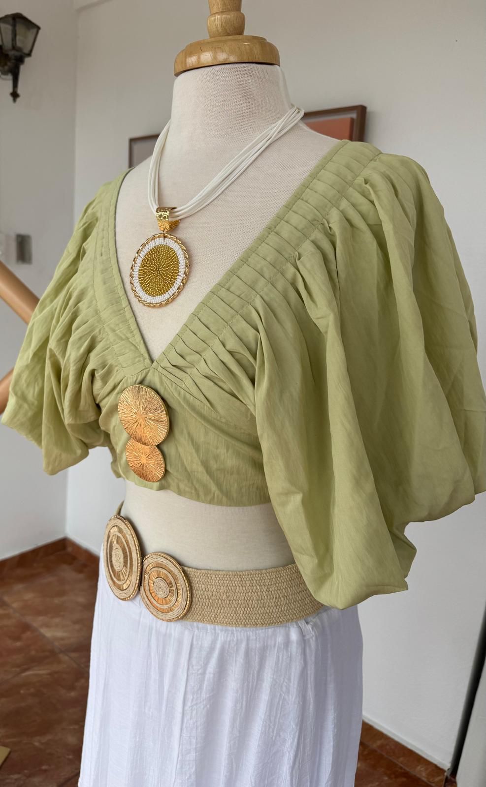 Lime Green Gold Buttons Crop Top