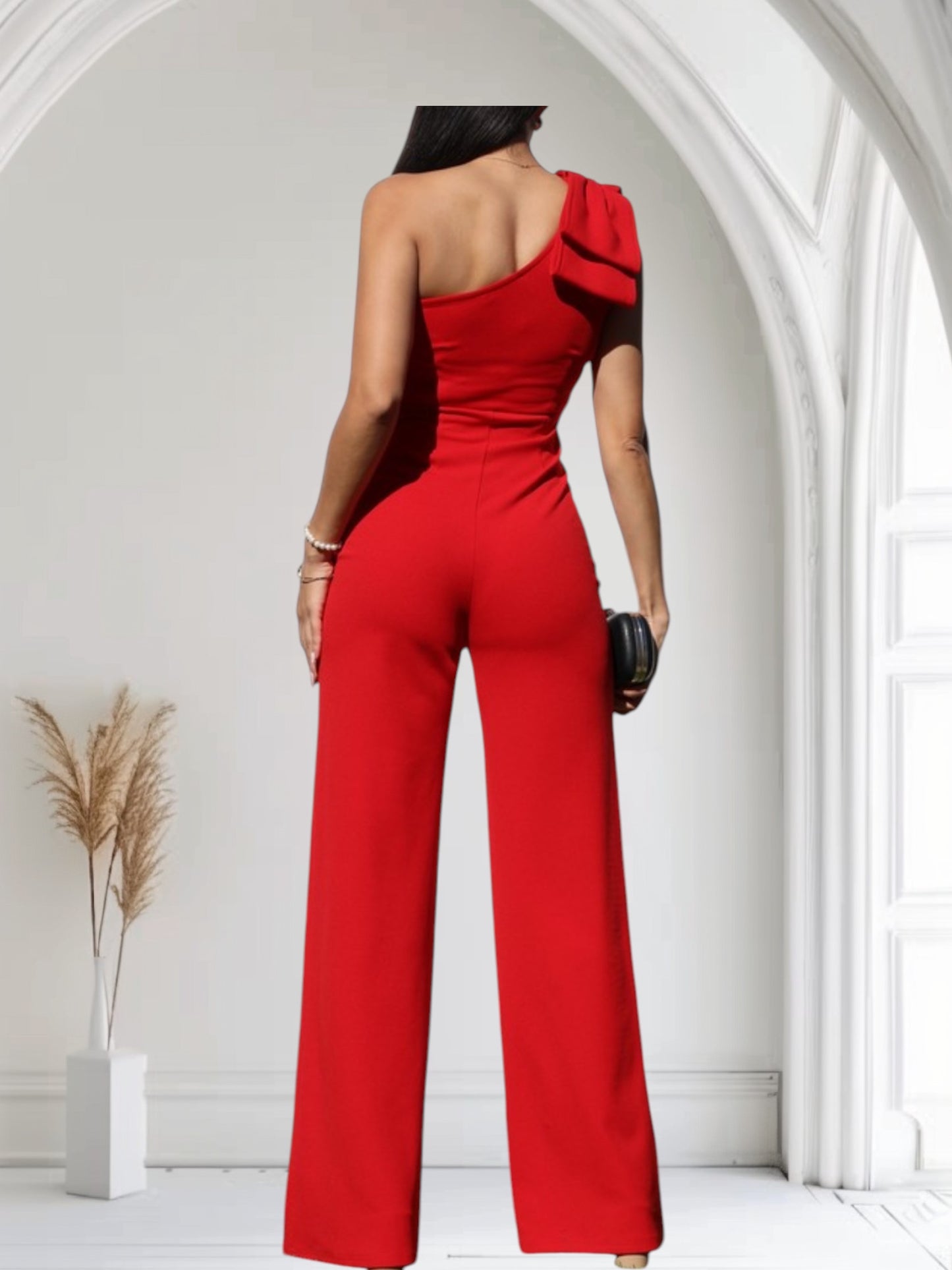 Red One Shoulder Jumpsuit with Bow
