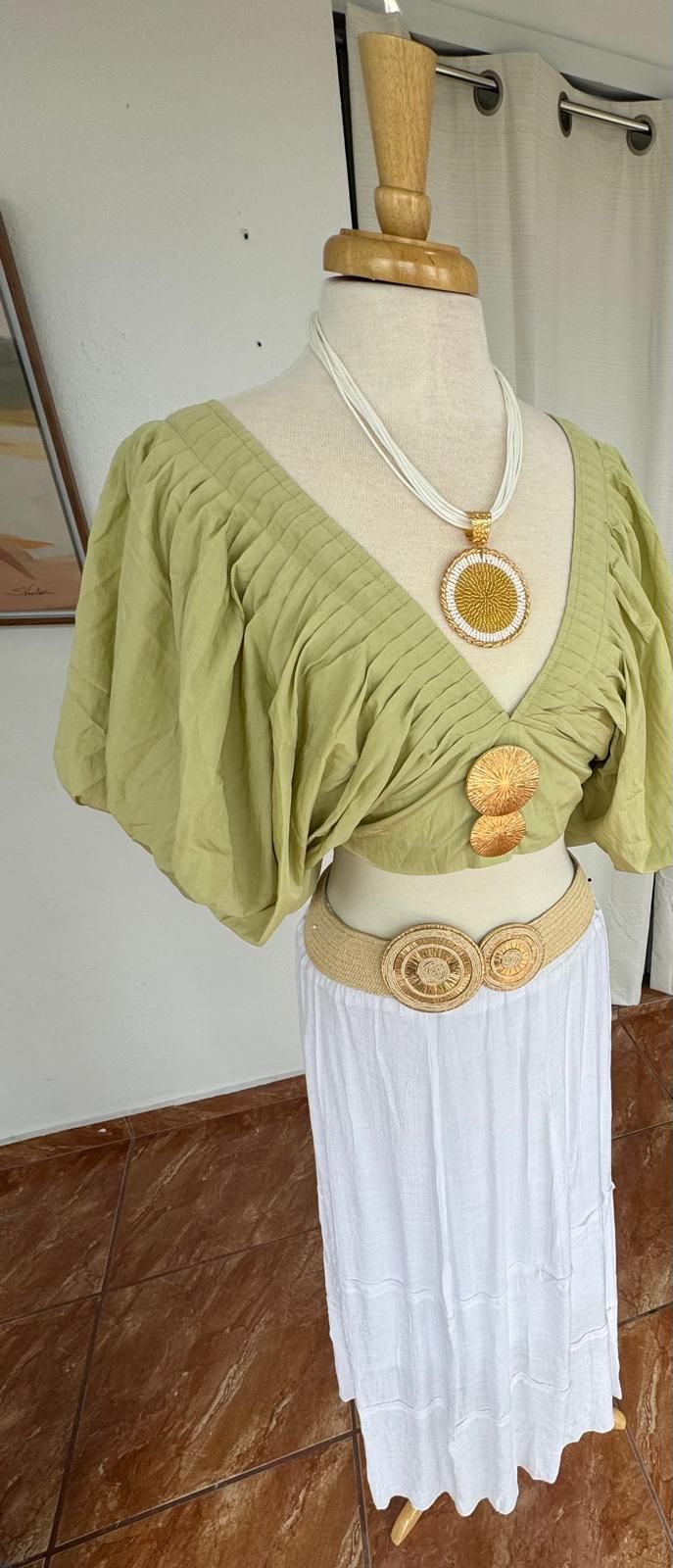 Lime Green Gold Buttons Crop Top
