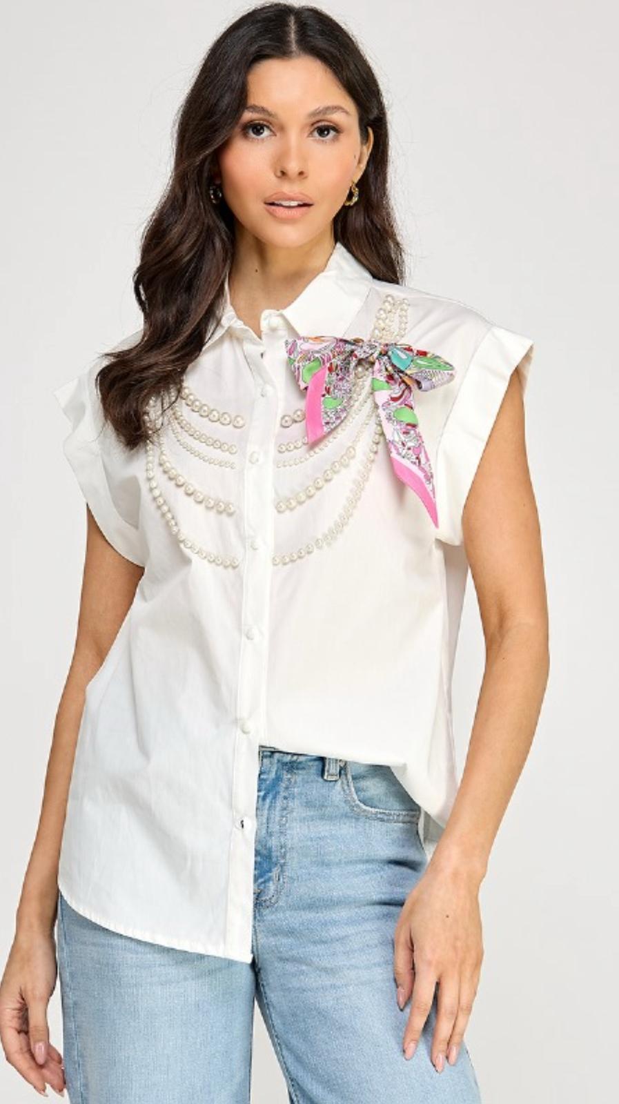 Short Sleeve Pearl With Ribbon Shirt