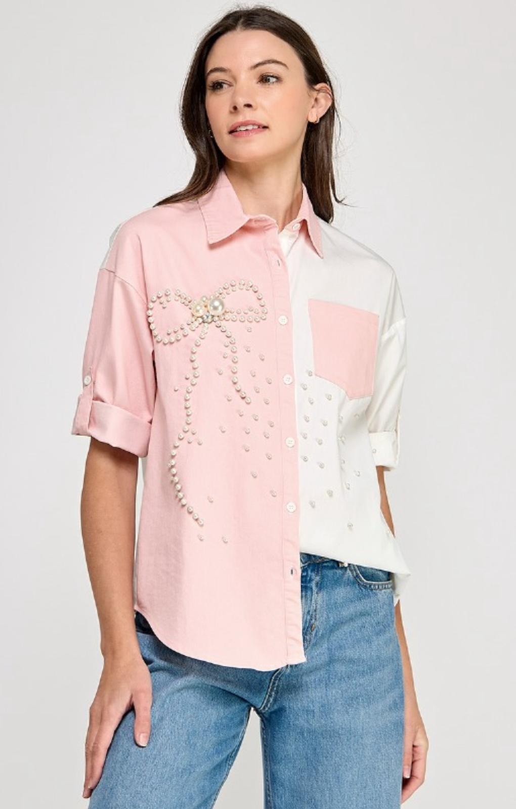 Long Sleeve Pearl Bow Pink Shirt