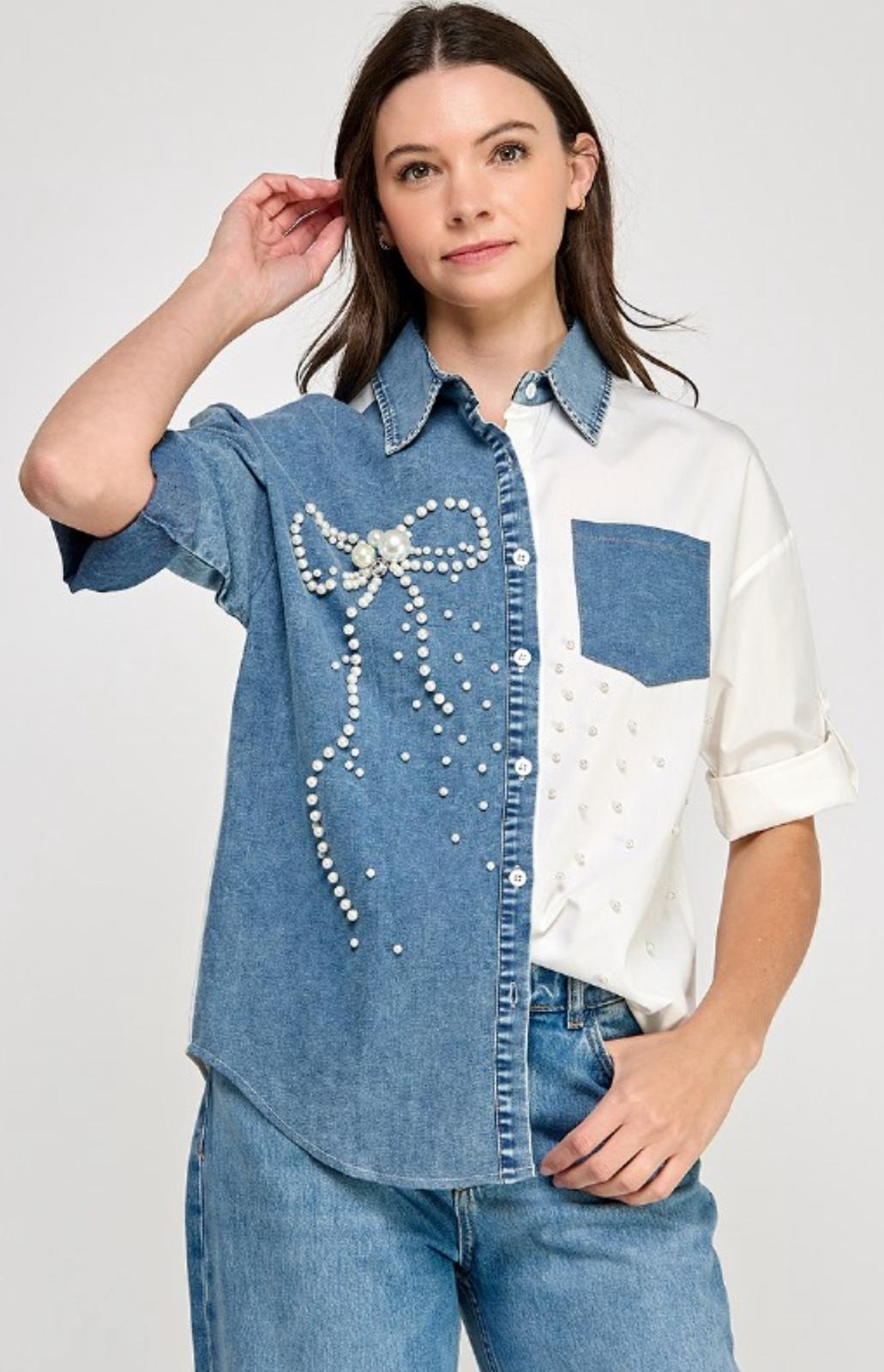 Long Sleeve Pearl Bow Denim Shirt