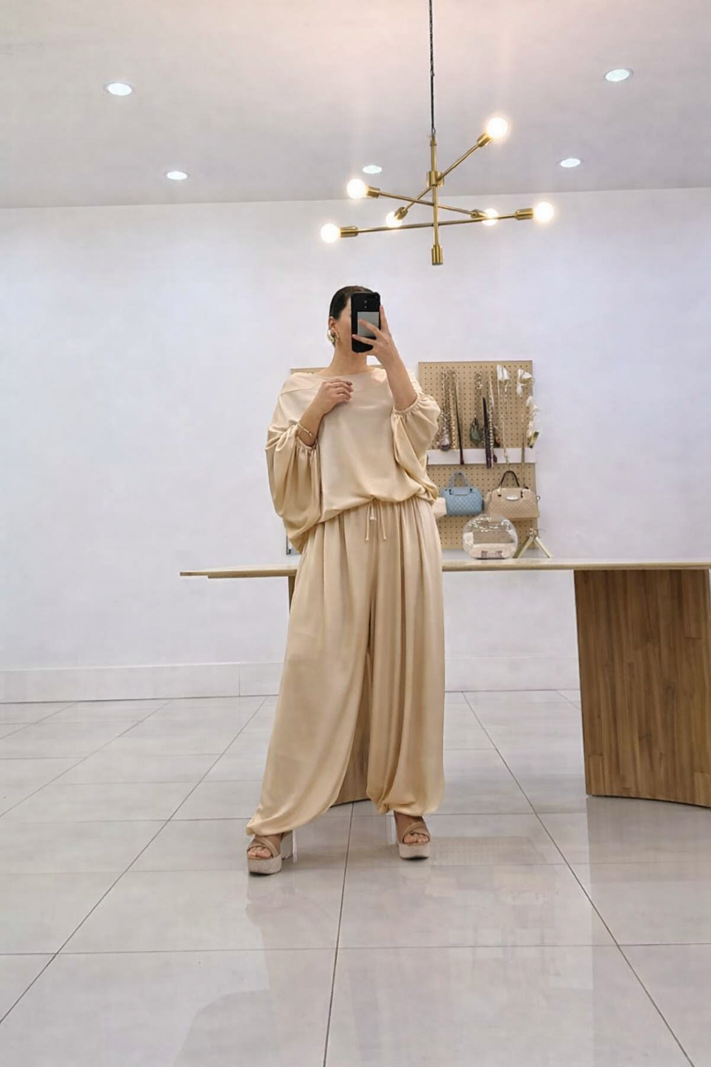 Italian Satin Aladdin Pant Set Champagne-One size