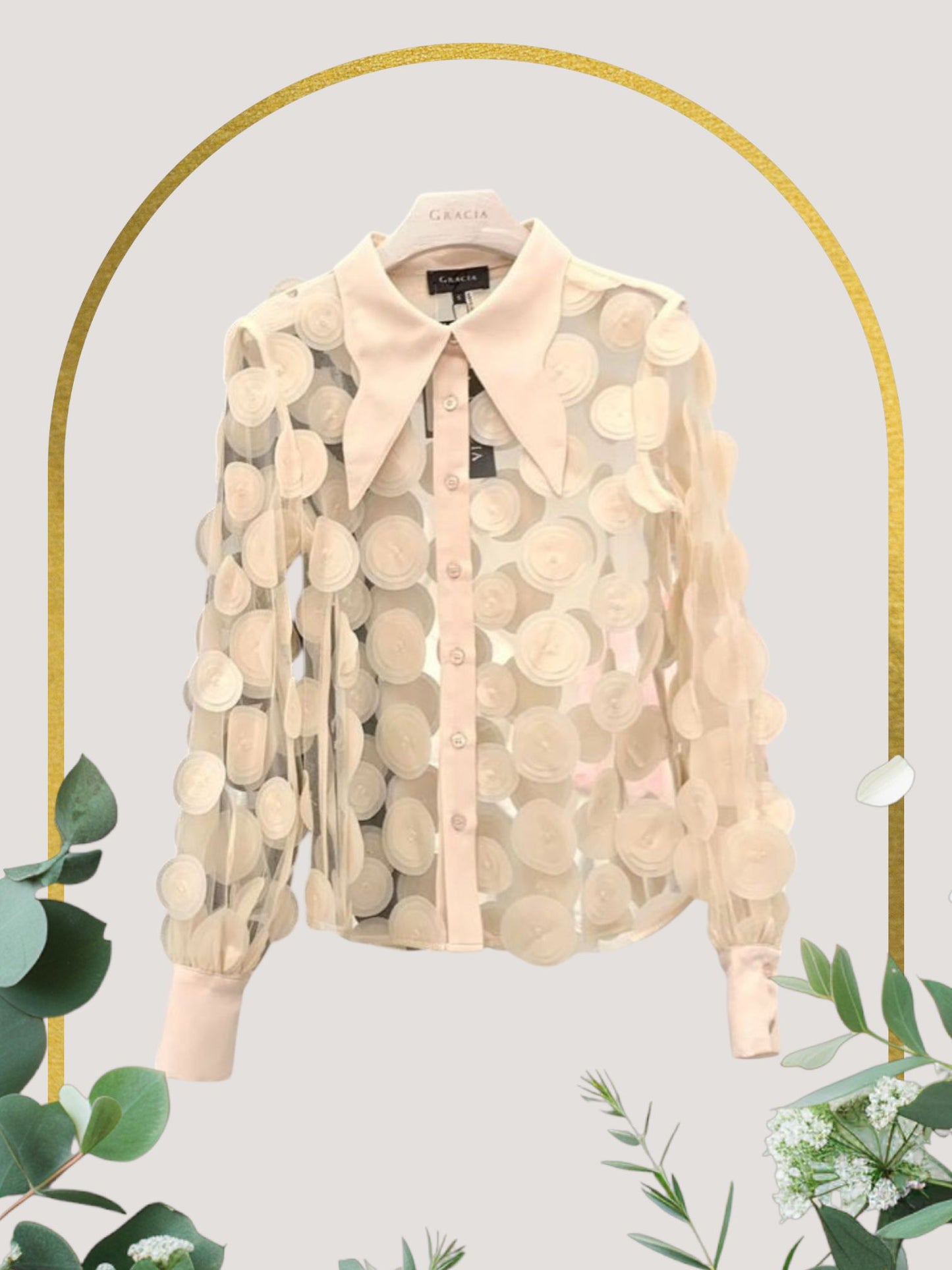 Gracia Top in Beige Sophisticated Sheer Design With a Distinctive Circular Accent