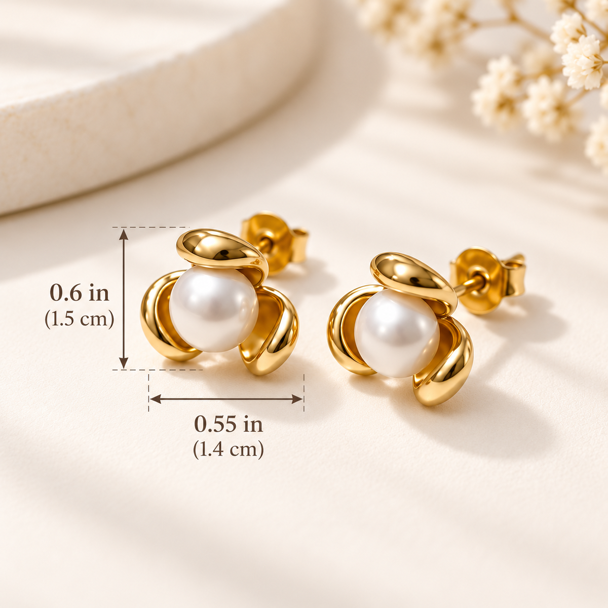 Golden Pearl Blossom Stud Earrings