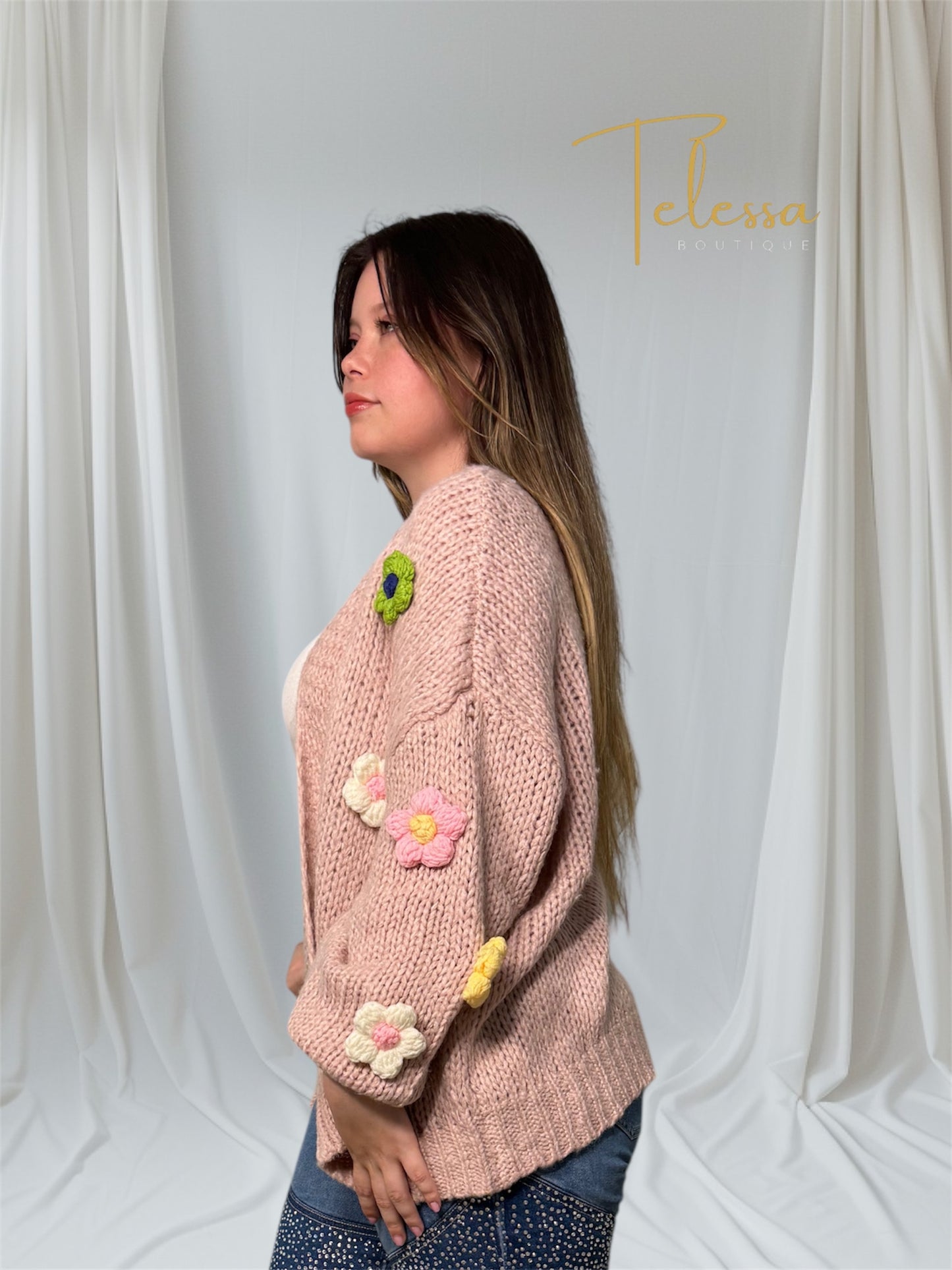 3D Flower Drop Shoulder Long Sleeves Cardigan In Pink
