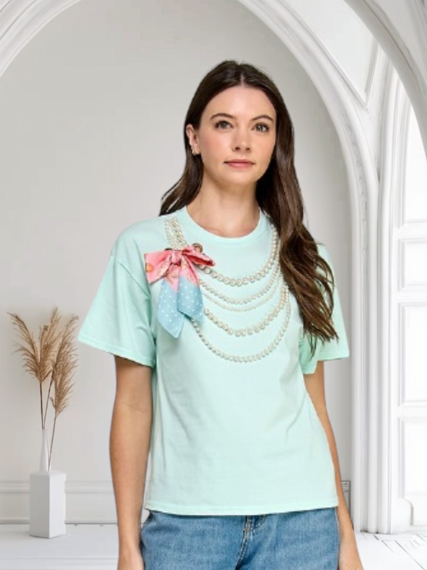 Top with Pearls Accents and Bow Mint