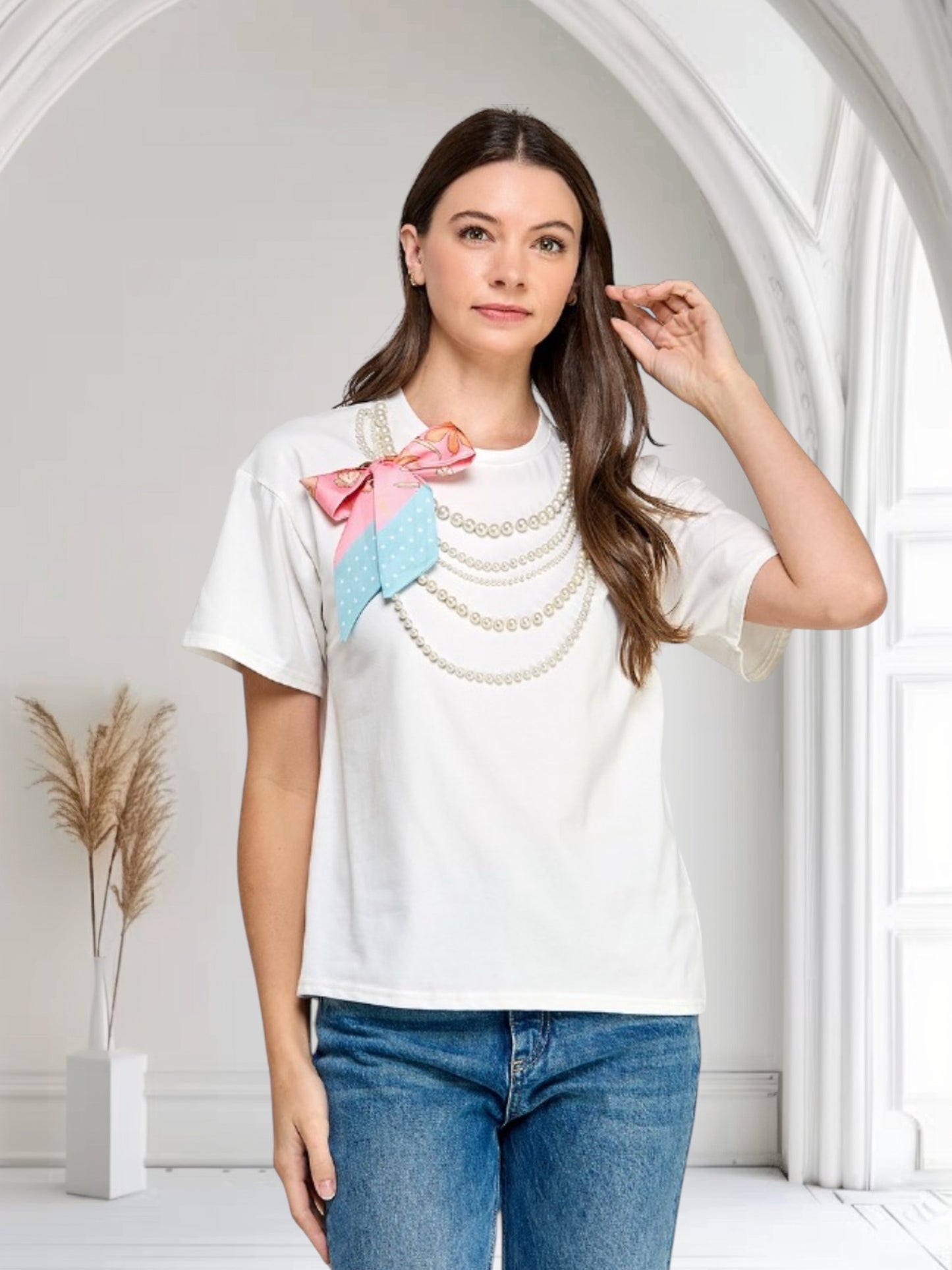 Top with Pearls Accents and Bow White
