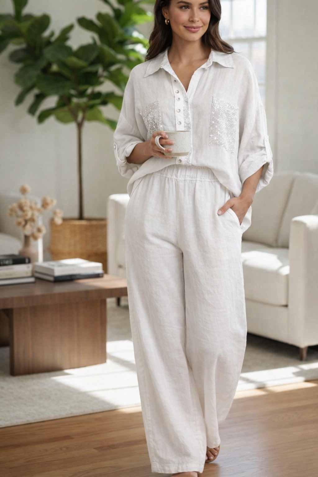 Italian White Set with Embellished Pocket Shirt and Wide-Leg Pants