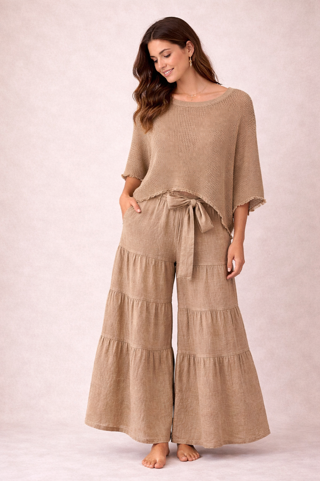 Italian Beige Set with Knit Top and Wide-Leg Palazzo Pants