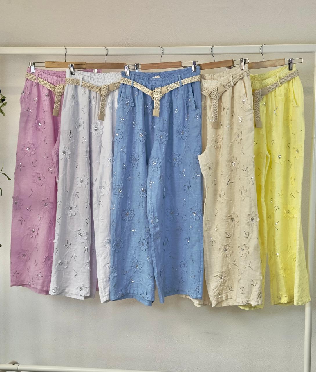 Italian Blue Floral Set with Embroidered Shirt, Belt and Palazzo Pants