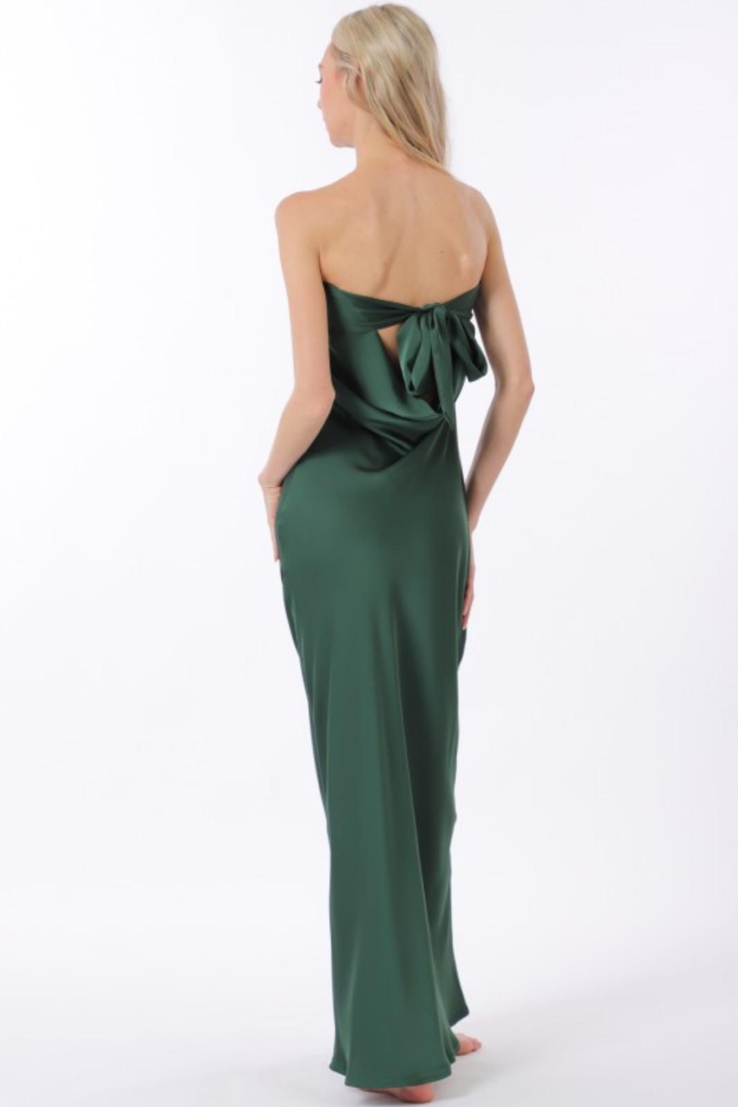 Tube Cowl Back Waisted Tie Back Chest Maxi Satin Dress Emerald