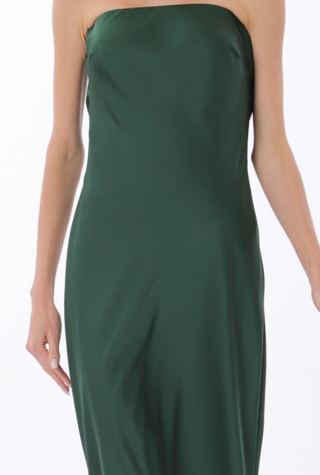 Tube Cowl Back Waisted Tie Back Chest Maxi Satin Dress Emerald