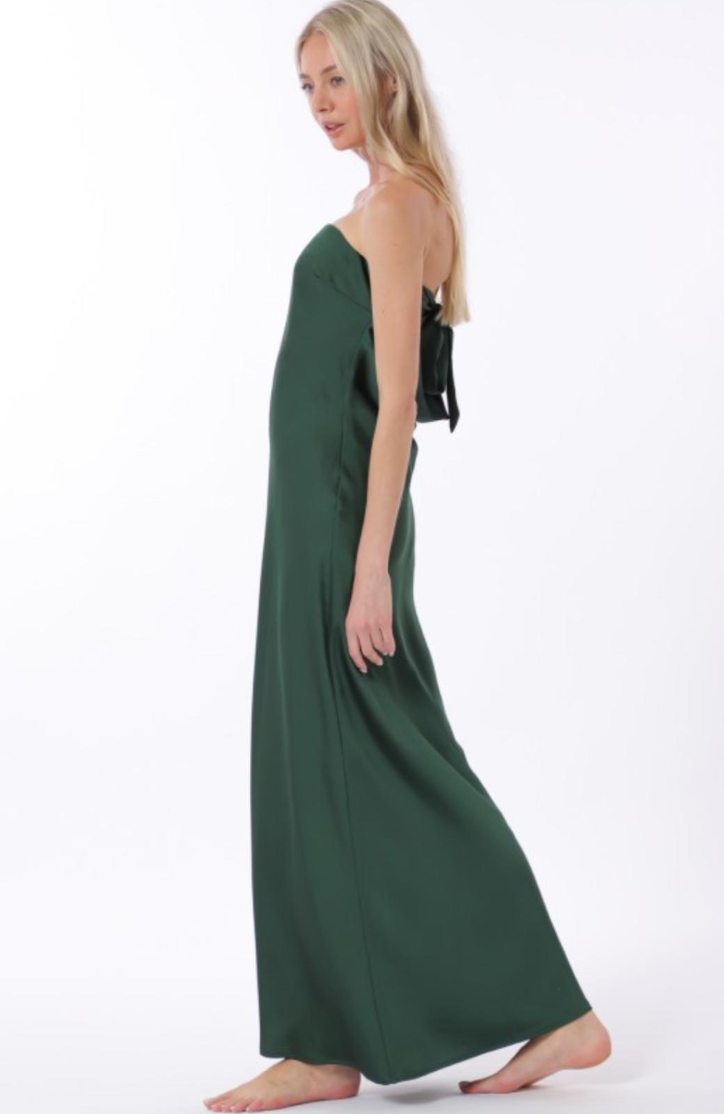 Tube Cowl Back Waisted Tie Back Chest Maxi Satin Dress Emerald