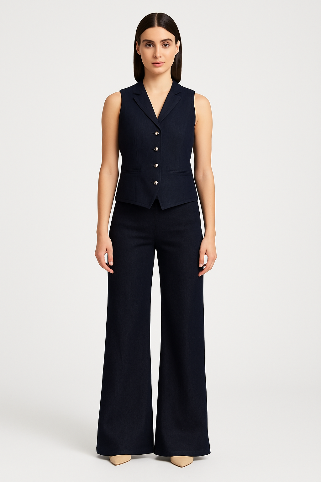 Dark Denim Vest & Wide Leg Pants Set