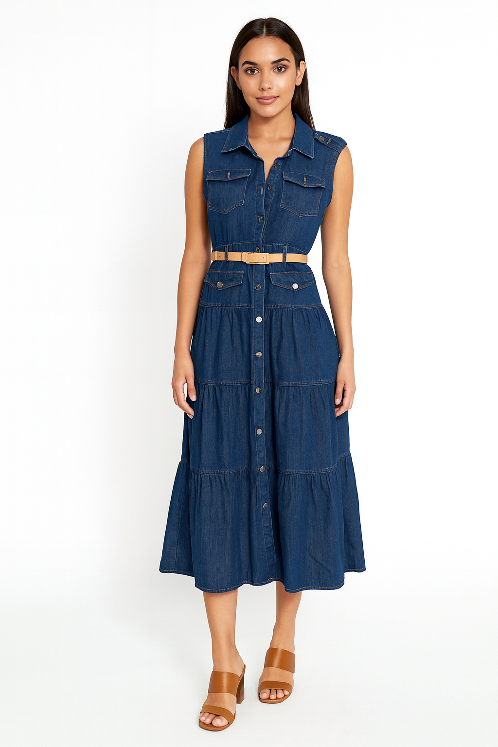 Denim Dress with Brown Belt