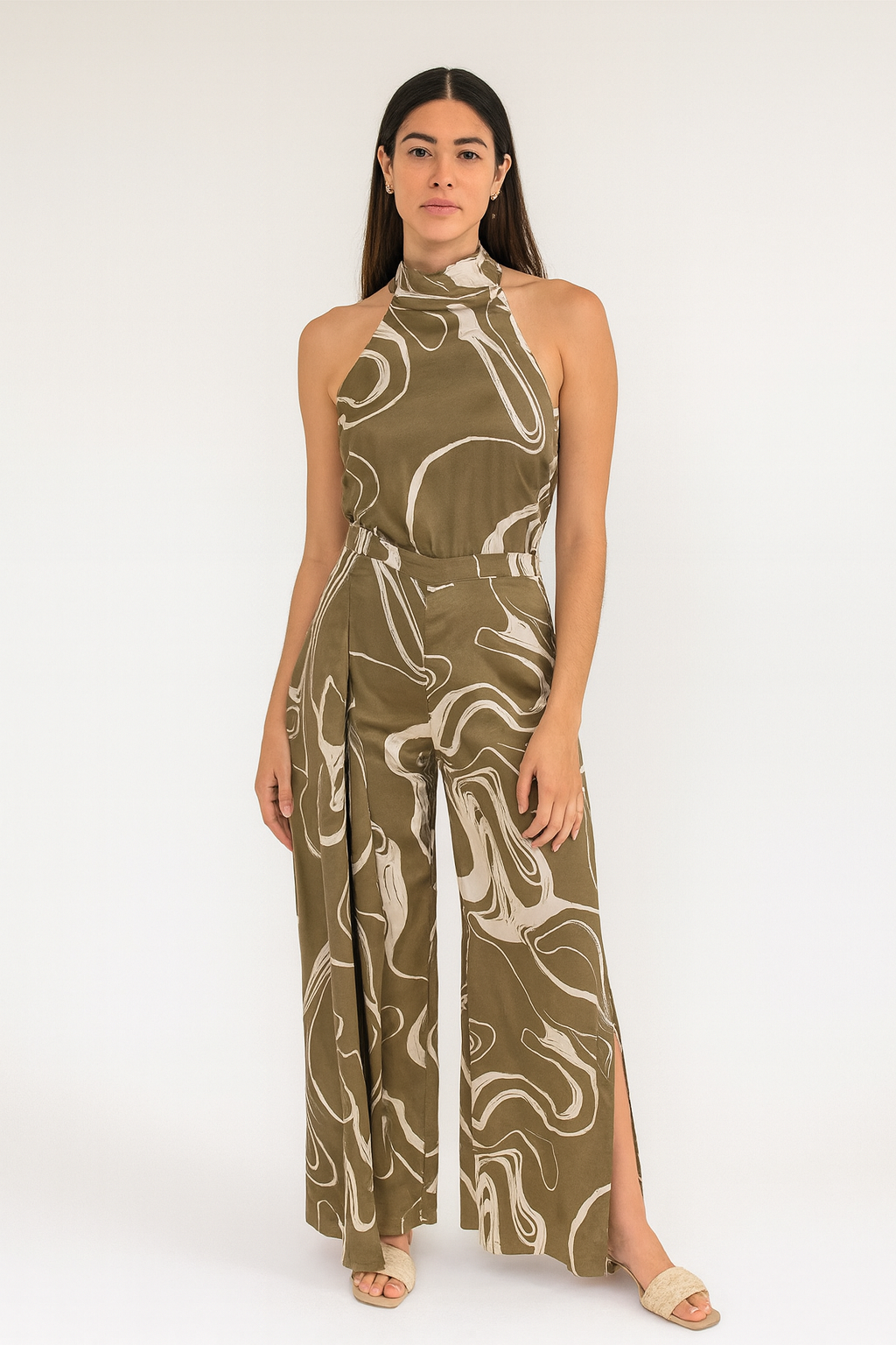 Marble Halter Jumpsuit Olive Green & White