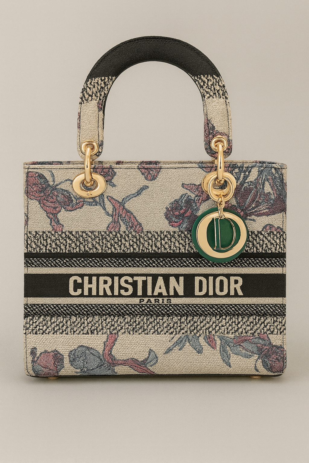 Designer Inspired Tote Bag Beige Base Complemented By Subtle Black, Pink and Blue Accents