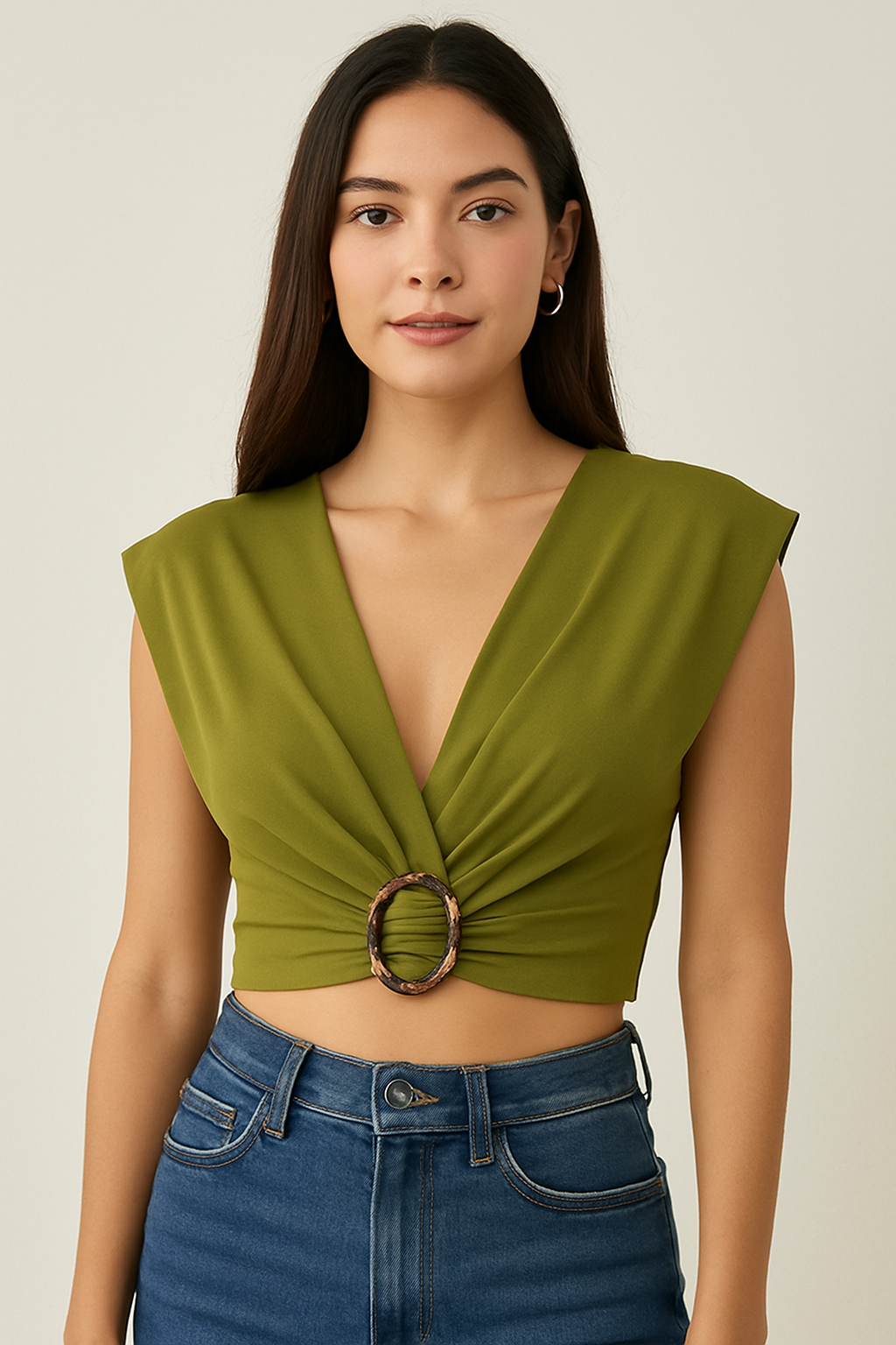 Cropped Top Features a Sophisticated Gold Accent On The Chest in Olive Green
