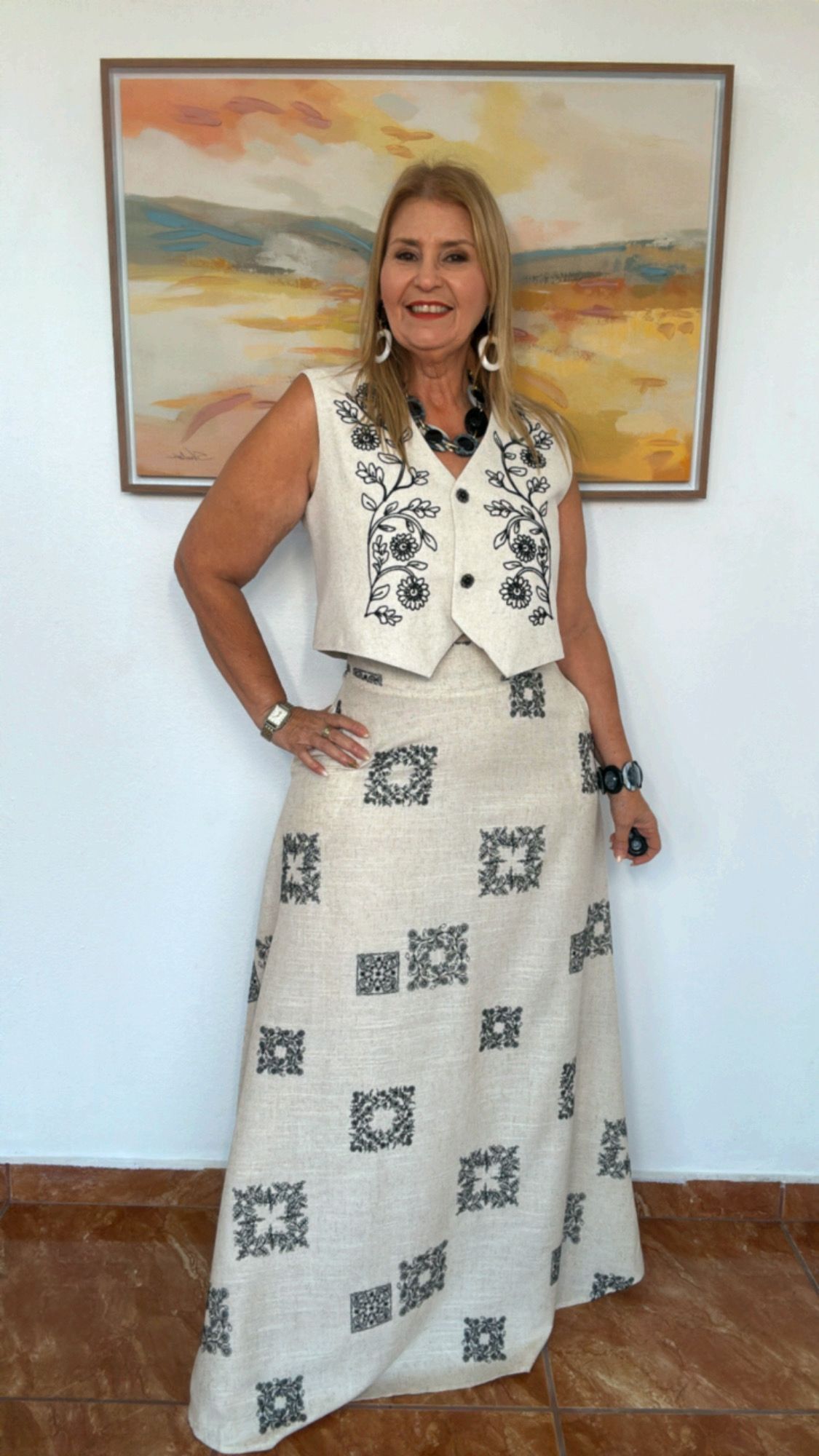 Cotton-linen color-blocked geometric embroidered A-line long skirt