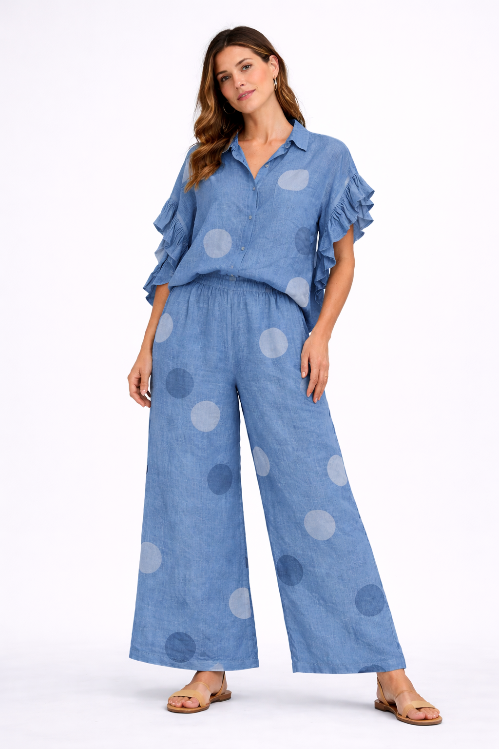 Italian Linen Two-Piece Set in Blue with Artistic Gray Polka Dot Print and Wide-Leg Palazzo Pants