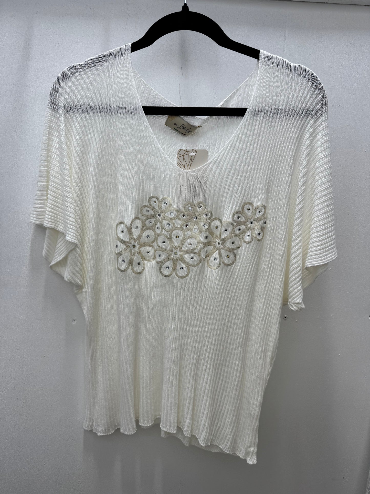 Italian White Ribbed Blouse with Floral Embroidery and Beaded Details
