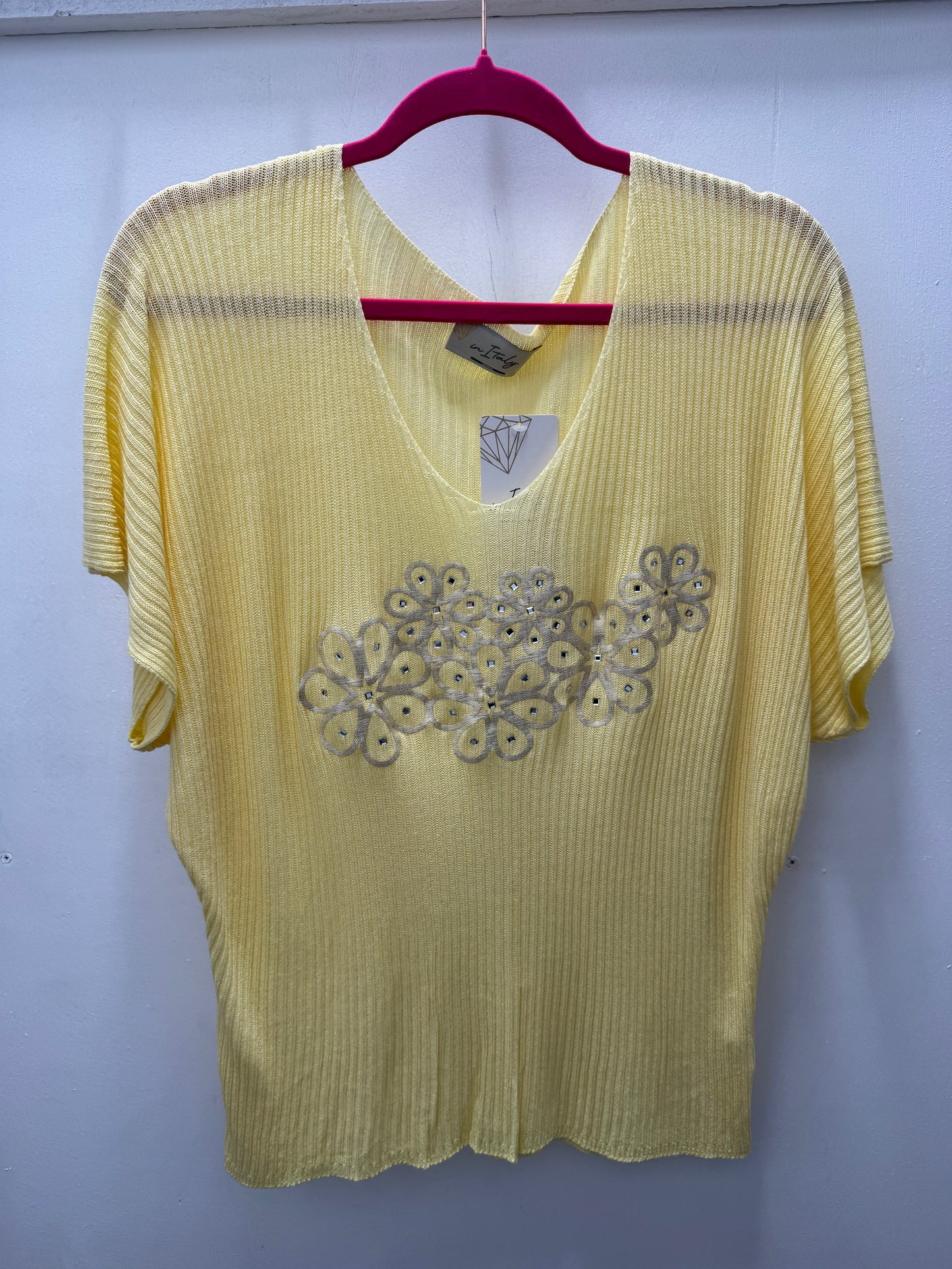 Italian Butter Yellow Ribbed Blouse with Floral Embroidery and Beaded Details