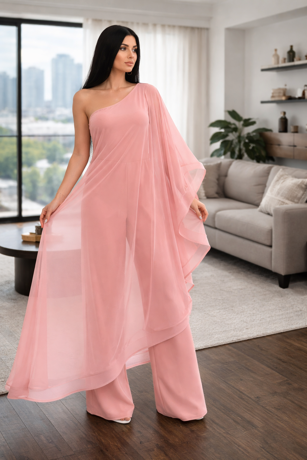 One-Shoulder Mesh Jumpsuit – Elegant & Effortless in Dusty Pink
