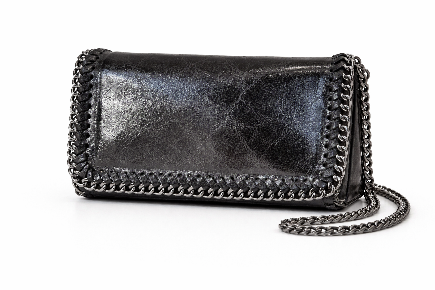 Germán Fuentes Textured Handbag Black with Metal Chain Frame-Large