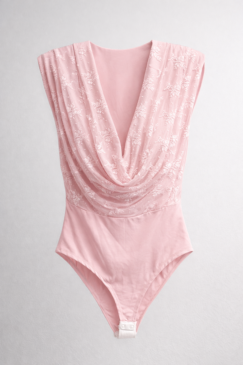 Italian Blush Pink Bodysuit with Draped Cowl Neck and Floral Lace Embroidery