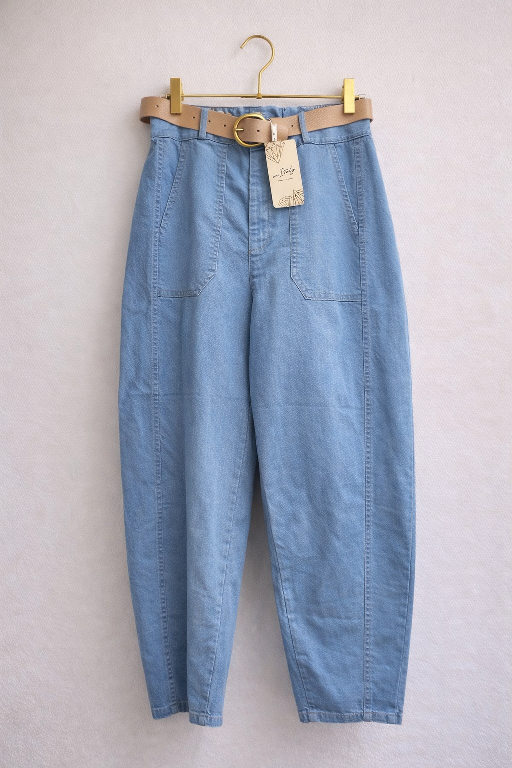Italian Barrel Denim Pants with Statement Belt
