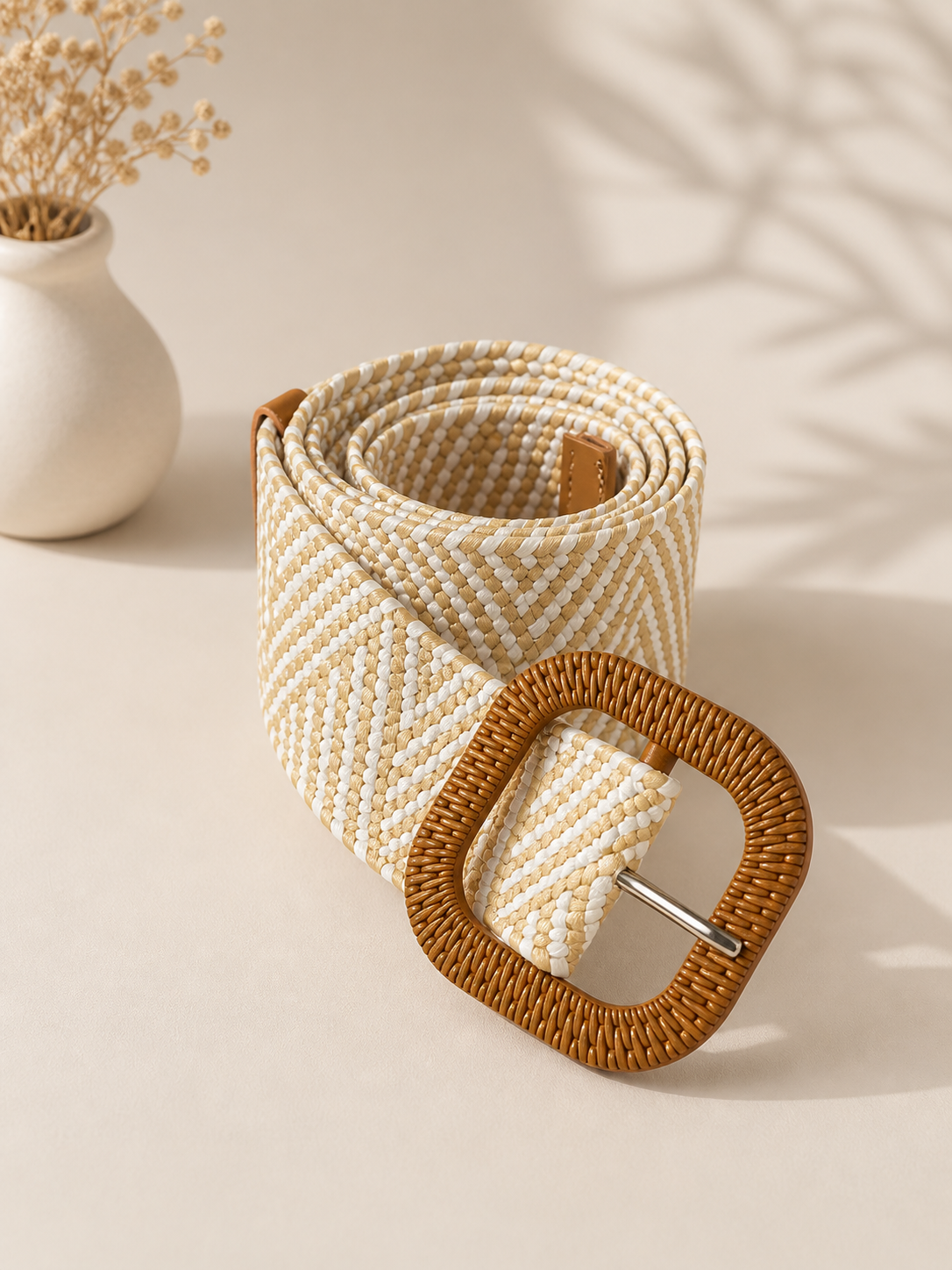 Elegant Beige and White Belt with Square Buckle